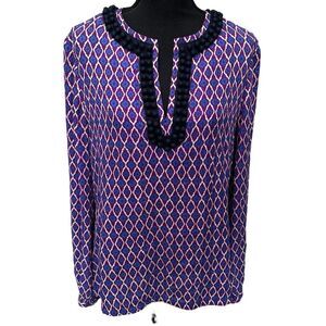 TORY BURCH 100% Silk Blouse Purple and Navy Geometric V-Neck Textured Size 8